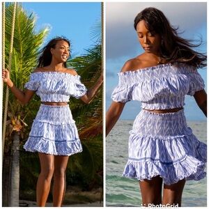 MER ST. BARTH Amelie Crop Top & Skirt SET Blue Ikat